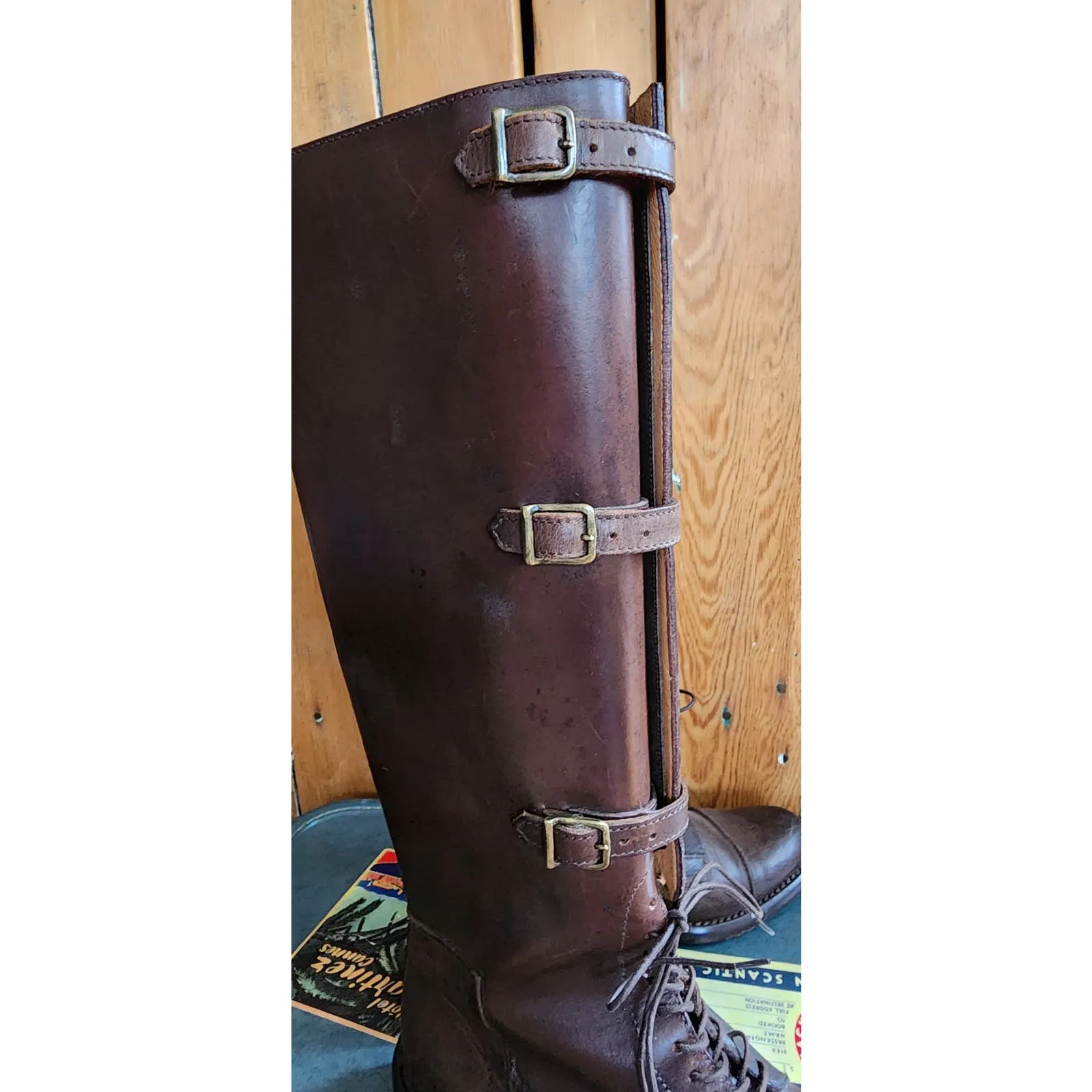 Vintage Brown Leather Knee Boots J Peterman Lace Up    Buckle Closure 6.5