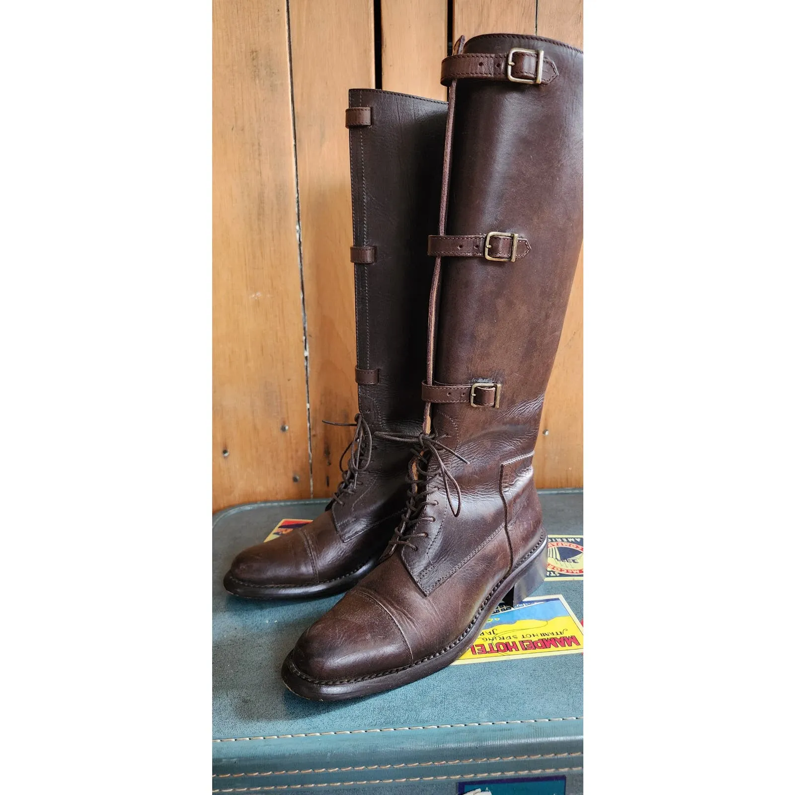 Vintage Brown Leather Knee Boots J Peterman Lace Up    Buckle Closure 6.5