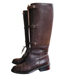 Vintage Brown Leather Knee Boots J Peterman Lace Up    Buckle Closure 6.5