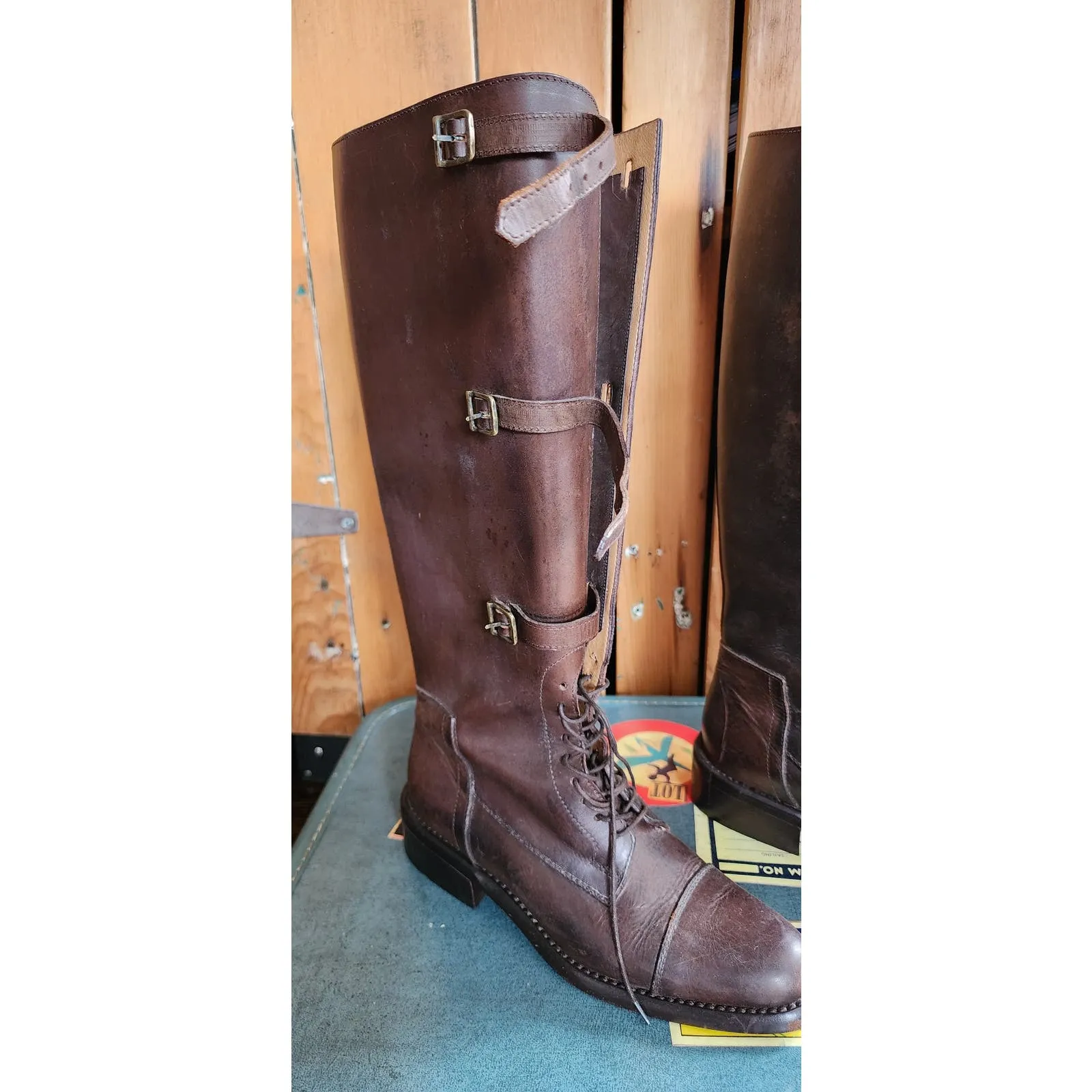 Vintage Brown Leather Knee Boots J Peterman Lace Up    Buckle Closure 6.5