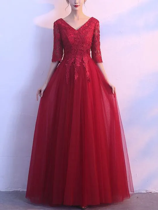 Wine Red Short Sleeves Tulle and Lace Prom Dress , Lovely Formal Gown for Weddings