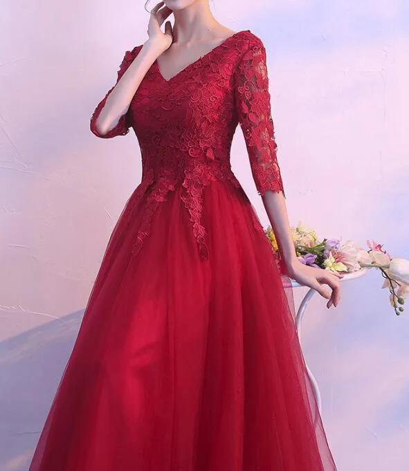 Wine Red Short Sleeves Tulle and Lace Prom Dress , Lovely Formal Gown for Weddings