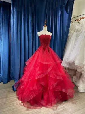 Wine Red Tulle with Lace Applique Party Dress, Wine Red Tulle Layers Long Prom Dress
