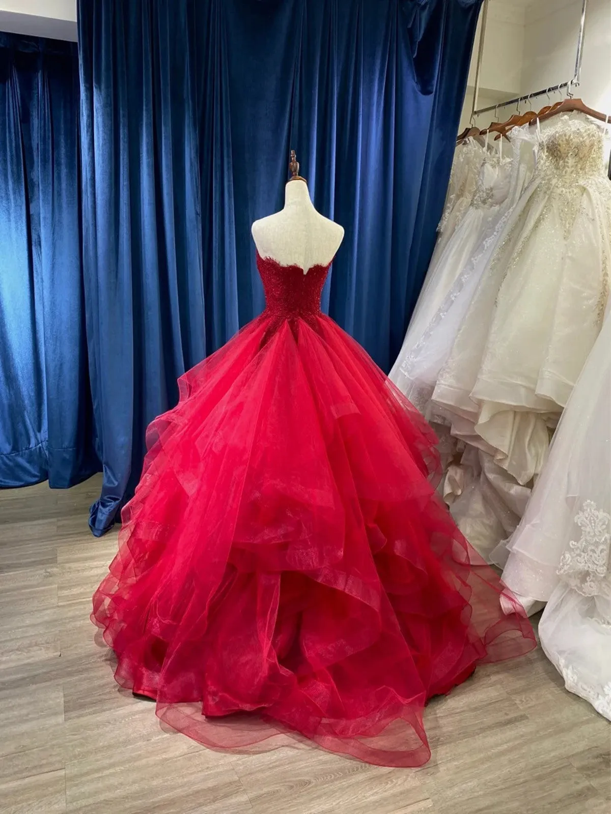 Wine Red Tulle with Lace Applique Party Dress, Wine Red Tulle Layers Long Prom Dress