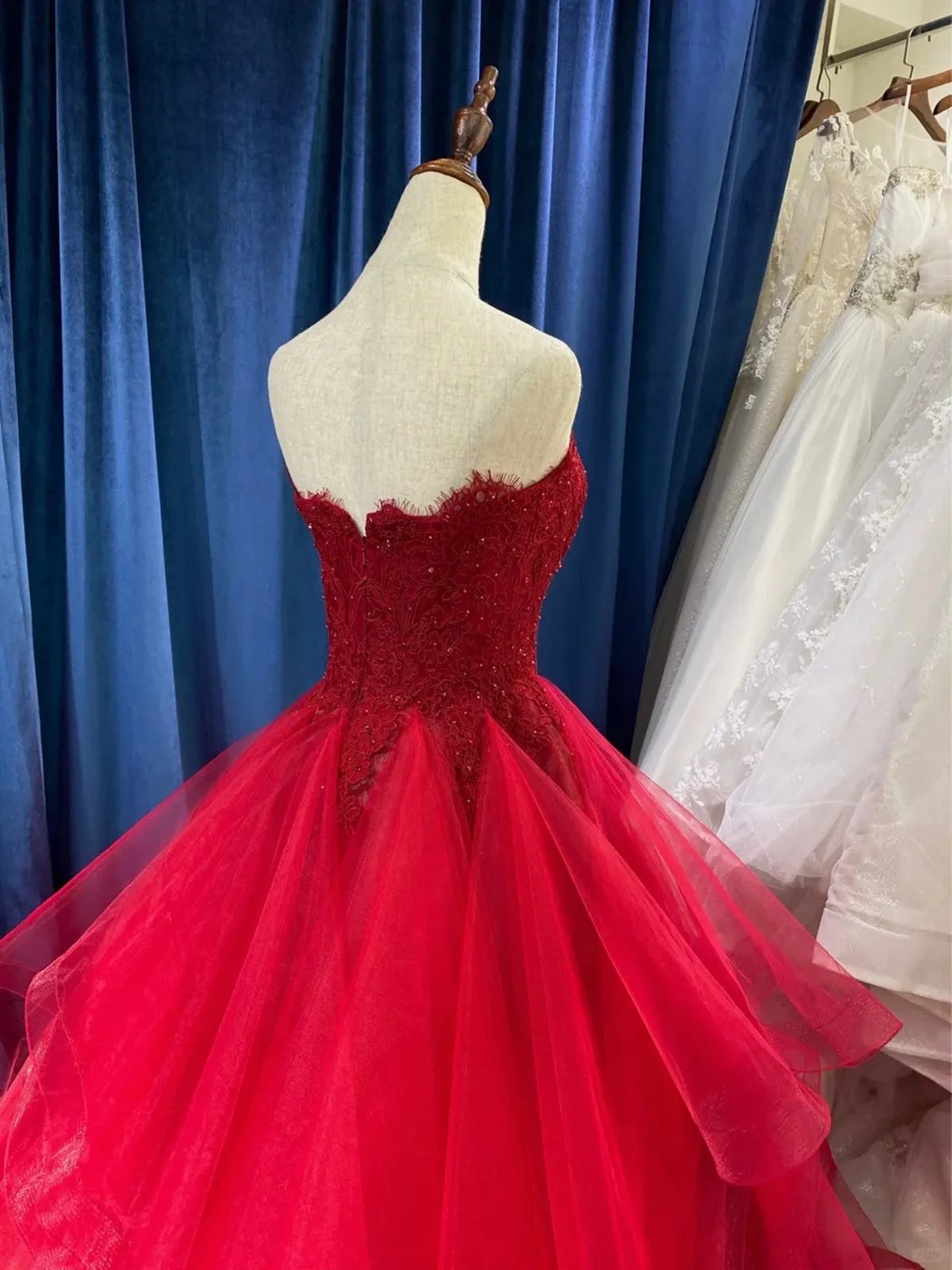 Wine Red Tulle with Lace Applique Party Dress, Wine Red Tulle Layers Long Prom Dress