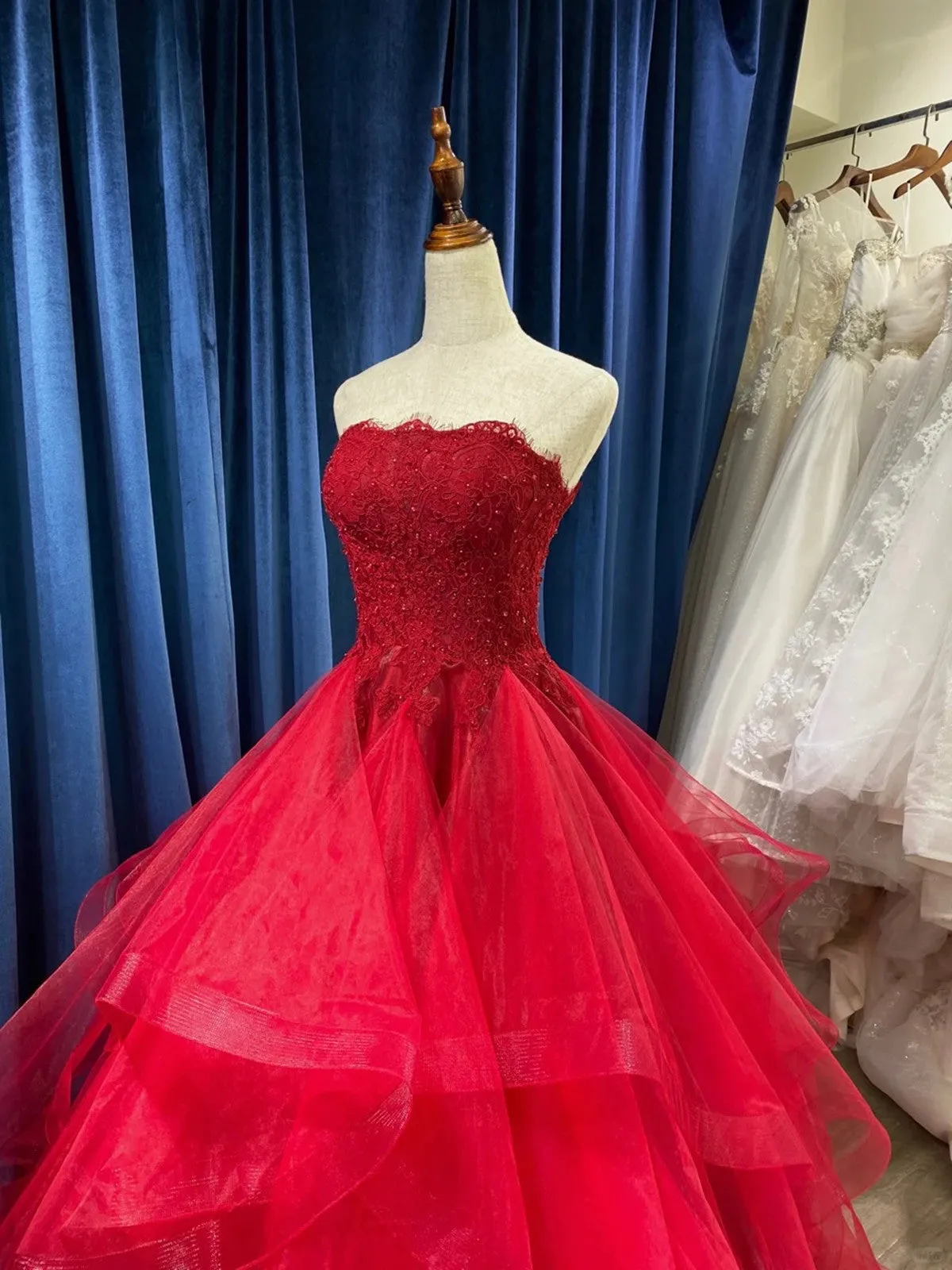 Wine Red Tulle with Lace Applique Party Dress, Wine Red Tulle Layers Long Prom Dress