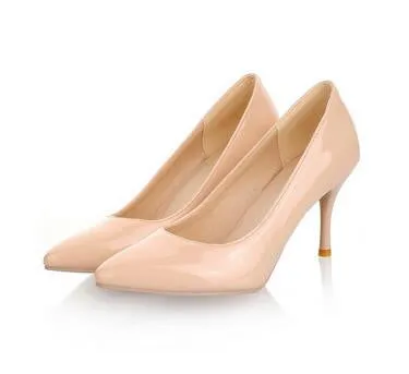Women Nude Color Patent Leather Pumps Red Pointy Toe Basic Work Stiletto High Heel Pump Stilettos Party Shoes