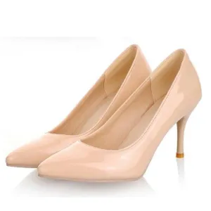 Women Nude Color Patent Leather Pumps Red Pointy Toe Basic Work Stiletto High Heel Pump Stilettos Party Shoes