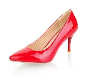 Women Nude Color Patent Leather Pumps Red Pointy Toe Basic Work Stiletto High Heel Pump Stilettos Party Shoes