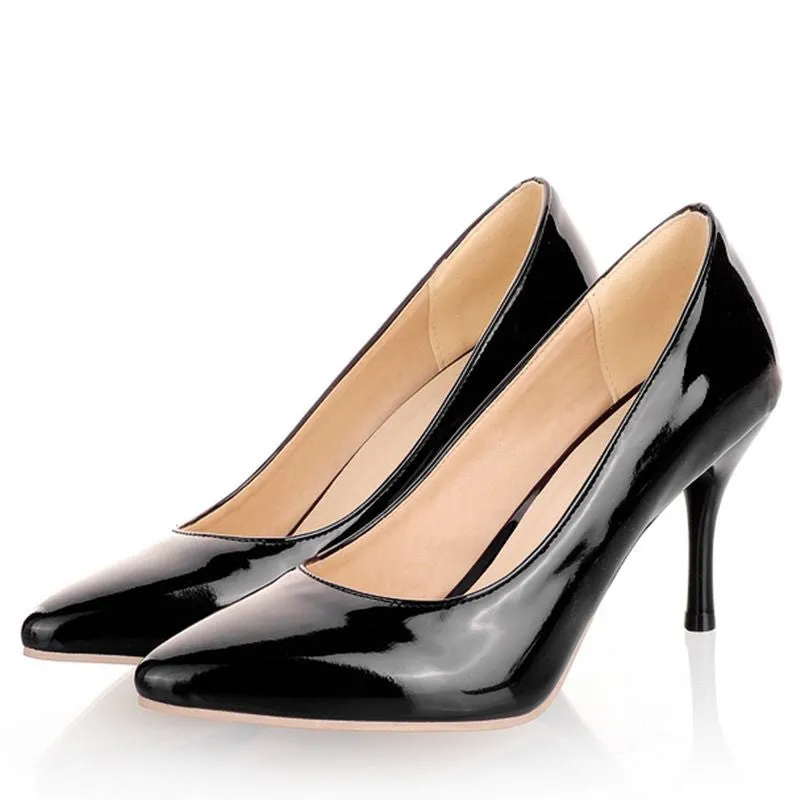 Women Nude Color Patent Leather Pumps spring Fashion Pointed Toe High Thin Heels Stilettos Slip On Party Shoes Plus Size 43