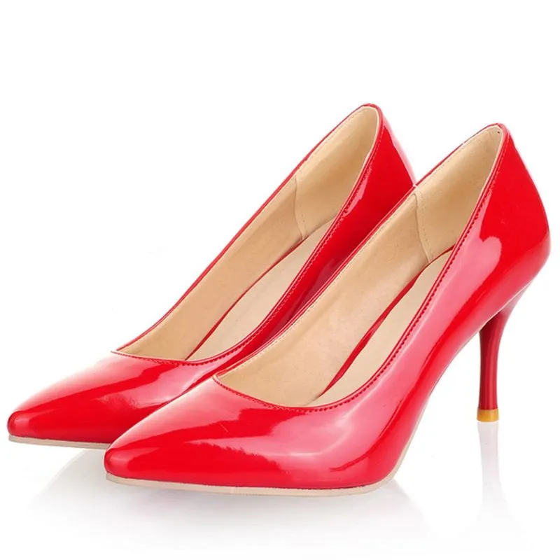Women Nude Color Patent Leather Pumps spring Fashion Pointed Toe High Thin Heels Stilettos Slip On Party Shoes Plus Size 43