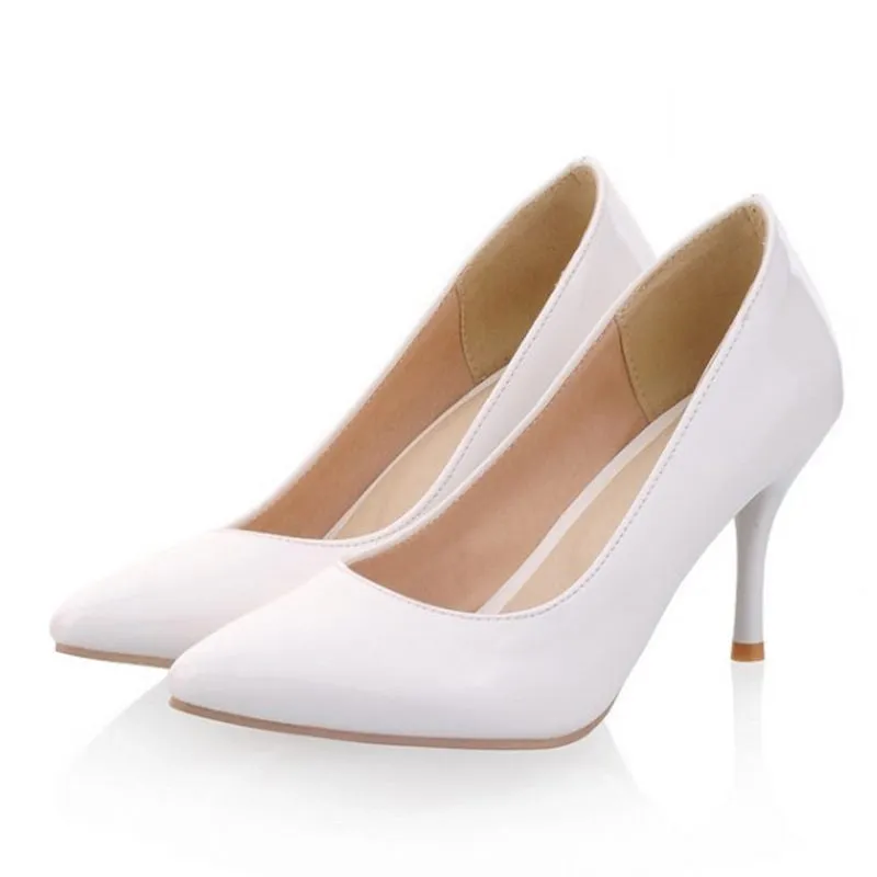Women Nude Color Patent Leather Pumps spring Fashion Pointed Toe High Thin Heels Stilettos Slip On Party Shoes Plus Size 43