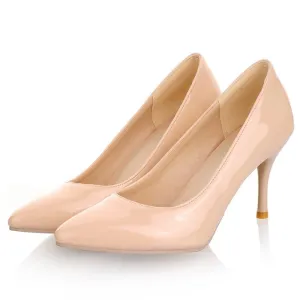 Women Nude Color Patent Leather Pumps spring Fashion Pointed Toe High Thin Heels Stilettos Slip On Party Shoes Plus Size 43