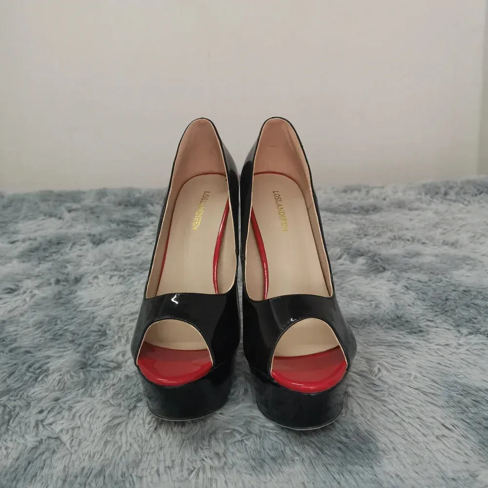 Women Pumps Sexy Platform Peep Toe 14cm Extremely Thin High Heels Stiletto Patent Leather Fashion Party Nighclub Wedding Shoes