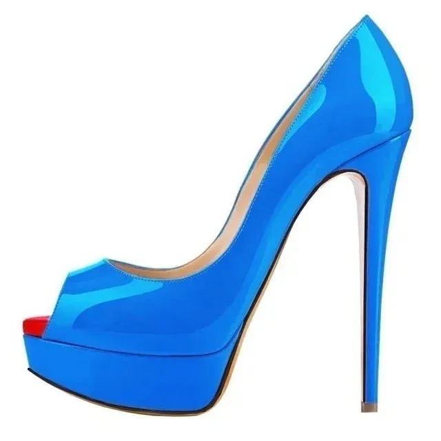 Women Pumps Sexy Platform Peep Toe 14cm Extremely Thin High Heels Stiletto Patent Leather Fashion Party Nighclub Wedding Shoes