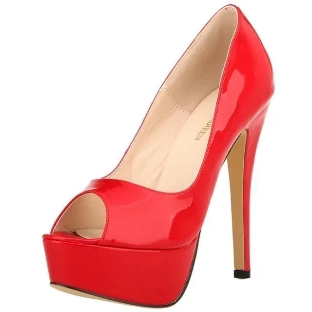 Women Pumps Sexy Platform Peep Toe 14cm Extremely Thin High Heels Stiletto Patent Leather Fashion Party Nighclub Wedding Shoes