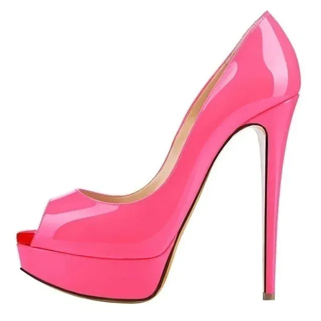 Women Pumps Sexy Platform Peep Toe 14cm Extremely Thin High Heels Stiletto Patent Leather Fashion Party Nighclub Wedding Shoes