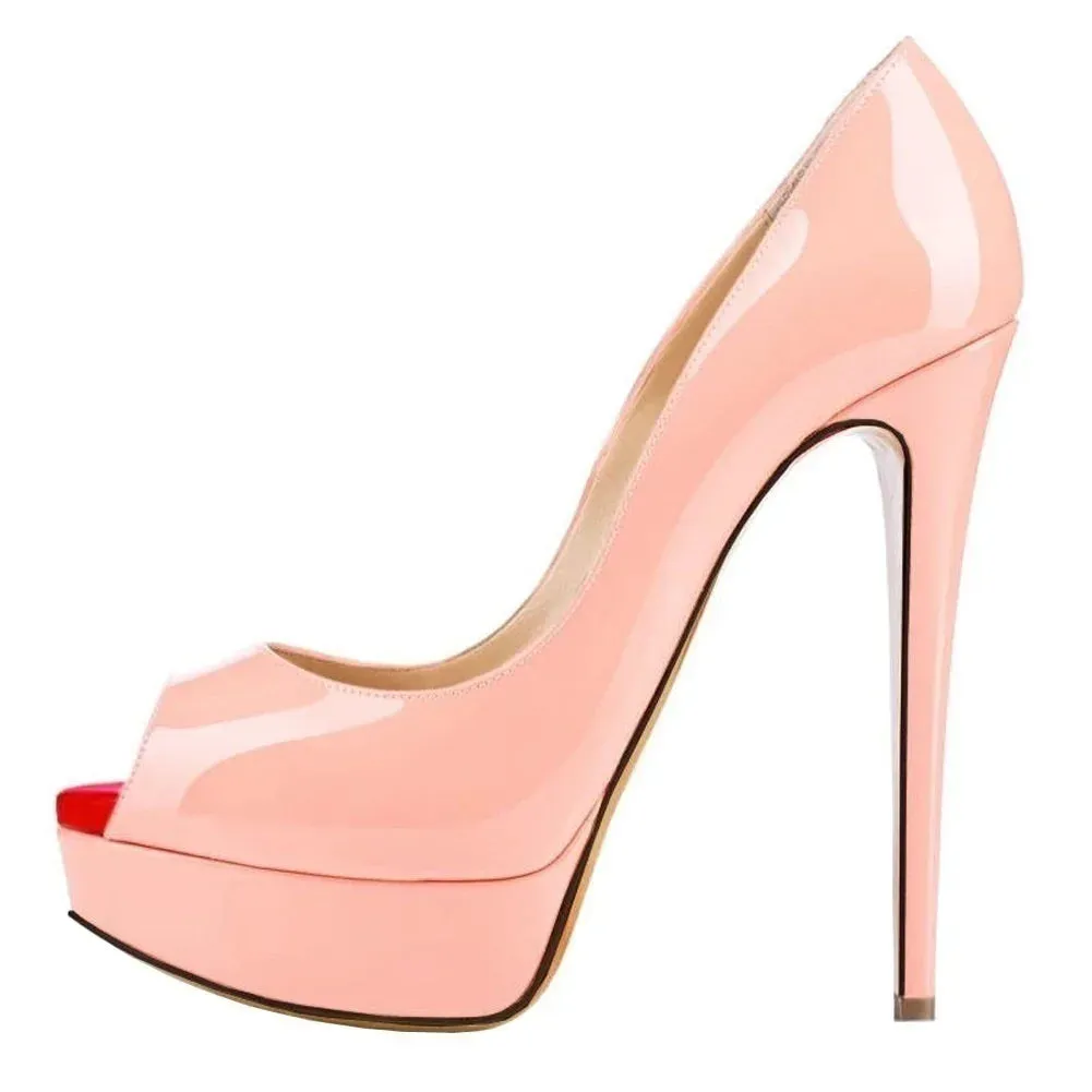 Women Pumps Sexy Platform Peep Toe 14cm Extremely Thin High Heels Stiletto Patent Leather Fashion Party Nighclub Wedding Shoes