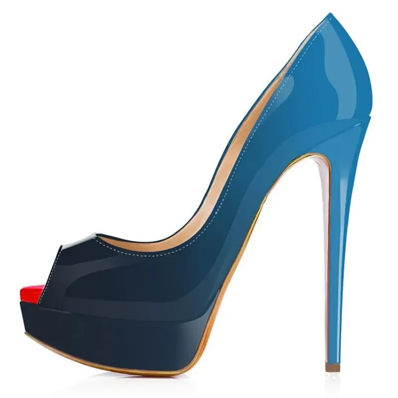 Women Pumps Sexy Platform Peep Toe 14cm Extremely Thin High Heels Stiletto Patent Leather Fashion Party Nighclub Wedding Shoes