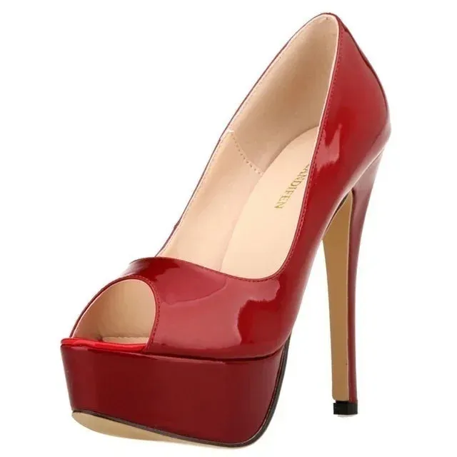 Women Pumps Sexy Platform Peep Toe 14cm Extremely Thin High Heels Stiletto Patent Leather Fashion Party Nighclub Wedding Shoes