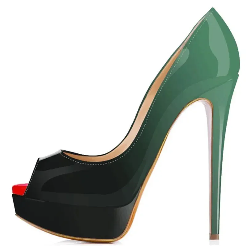 Women Pumps Sexy Platform Peep Toe 14cm Extremely Thin High Heels Stiletto Patent Leather Fashion Party Nighclub Wedding Shoes