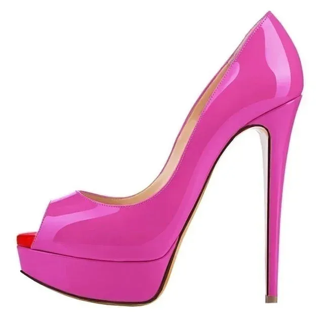 Women Pumps Sexy Platform Peep Toe 14cm Extremely Thin High Heels Stiletto Patent Leather Fashion Party Nighclub Wedding Shoes