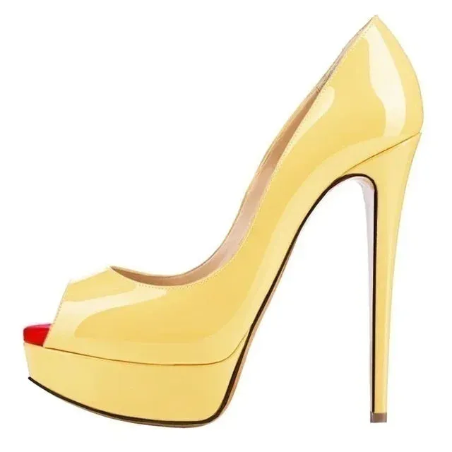 Women Pumps Sexy Platform Peep Toe 14cm Extremely Thin High Heels Stiletto Patent Leather Fashion Party Nighclub Wedding Shoes