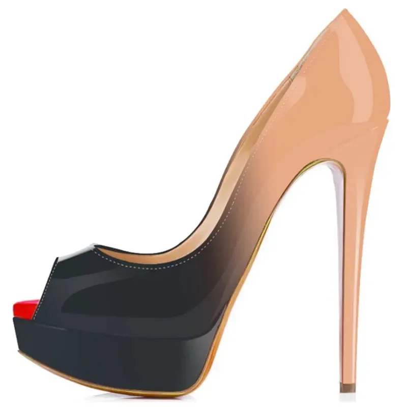 Women Pumps Sexy Platform Peep Toe 14cm Extremely Thin High Heels Stiletto Patent Leather Fashion Party Nighclub Wedding Shoes