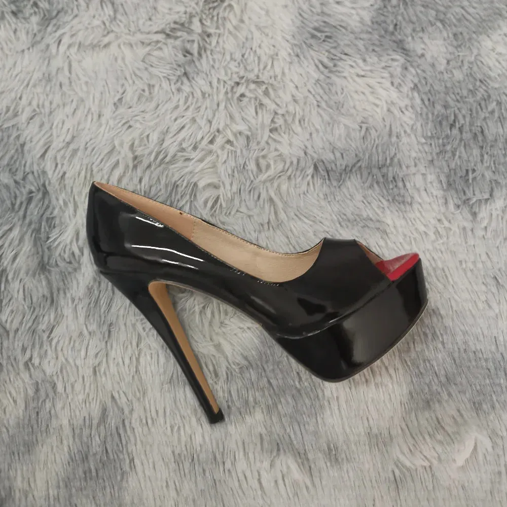 Women Pumps Sexy Platform Peep Toe 14cm Extremely Thin High Heels Stiletto Patent Leather Fashion Party Nighclub Wedding Shoes