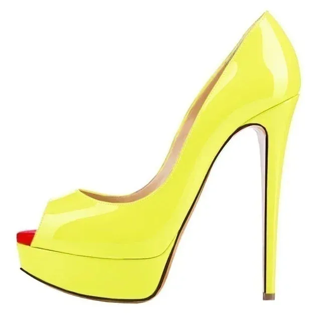 Women Pumps Sexy Platform Peep Toe 14cm Extremely Thin High Heels Stiletto Patent Leather Fashion Party Nighclub Wedding Shoes
