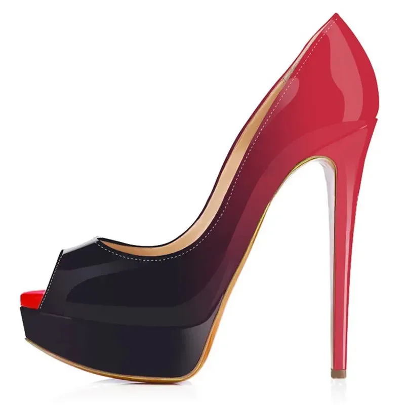 Women Pumps Sexy Platform Peep Toe 14cm Extremely Thin High Heels Stiletto Patent Leather Fashion Party Nighclub Wedding Shoes