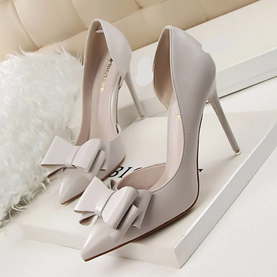Women Pumps Sweet Bowknot High-heeled Shoes Thin Pink High Heel Shoes Hollow Pointed Stiletto Elegant G3168-2