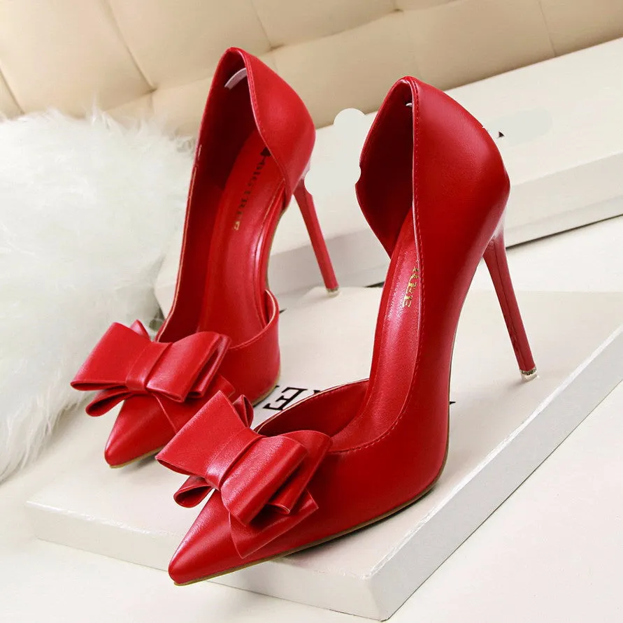 Women Pumps Sweet Bowknot High-heeled Shoes Thin Pink High Heel Shoes Hollow Pointed Stiletto Elegant G3168-2