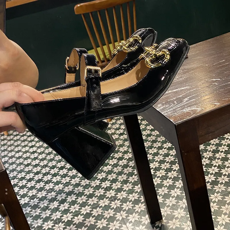 Women's High-heeled Mary Jane Shoes Horsebit Buckle Chunky Heel Square Toe Toe Cap