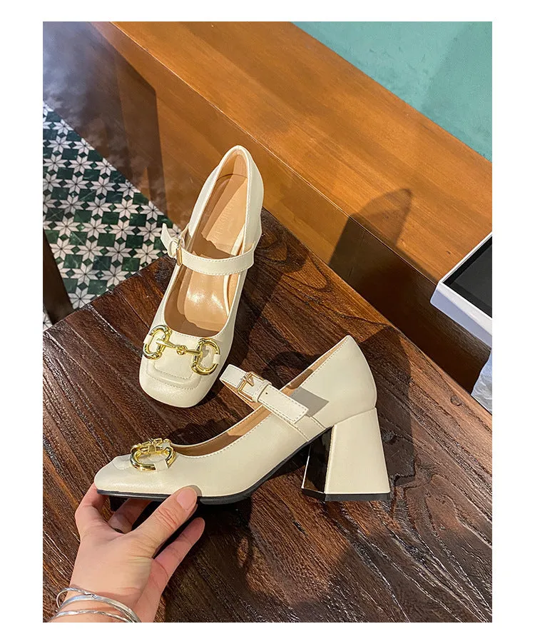 Women's High-heeled Mary Jane Shoes Horsebit Buckle Chunky Heel Square Toe Toe Cap
