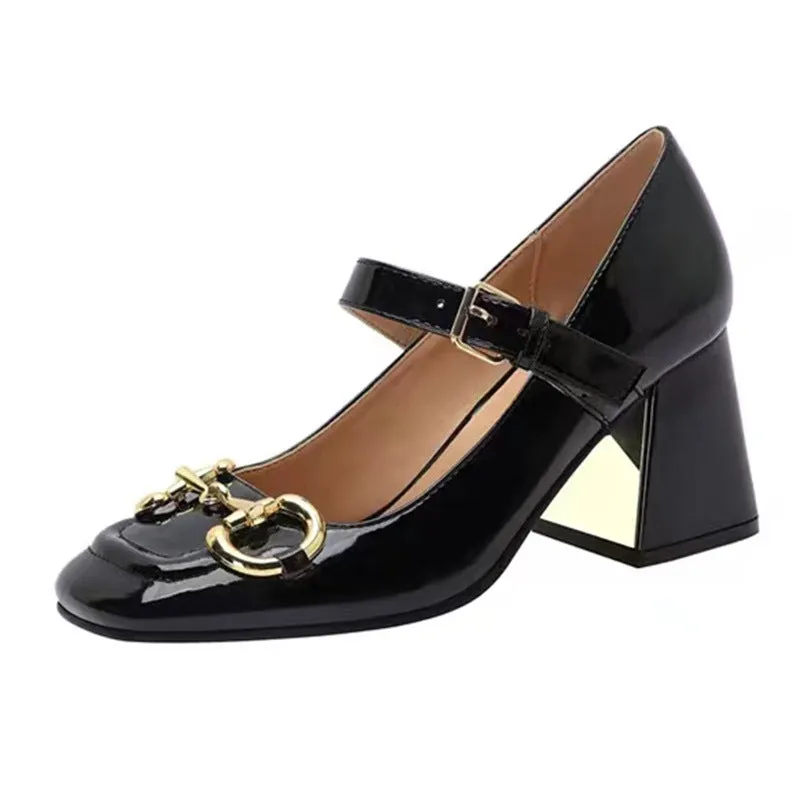 Women's High-heeled Mary Jane Shoes Horsebit Buckle Chunky Heel Square Toe Toe Cap