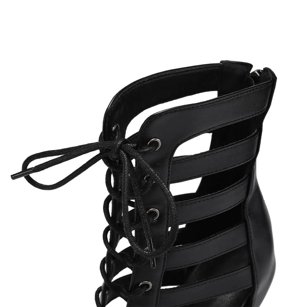 Women's hollow lace up high heel dance boots