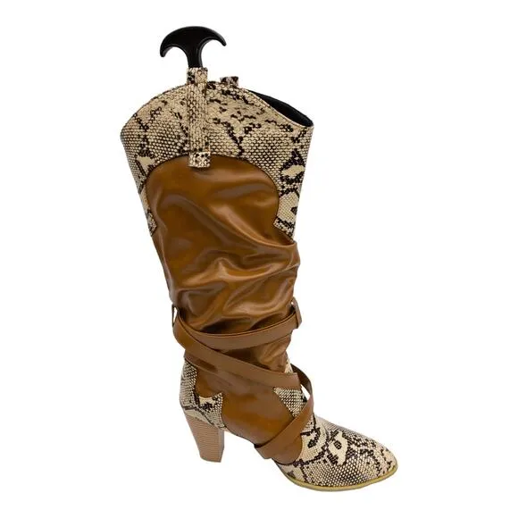 YOUTHJUNE Brown &amp; Gray Snake Embossed Strappy Knee High Cowboy Boots Women's 9