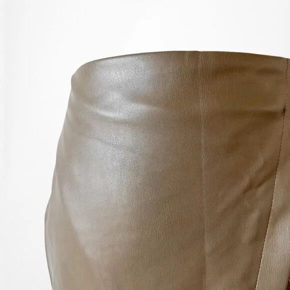 Zara Khaki Green High Waisted Faux Leather Front Slit Knee Length Skirt Size XS