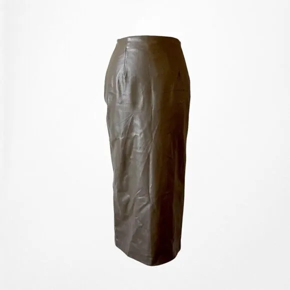 Zara Khaki Green High Waisted Faux Leather Front Slit Knee Length Skirt Size XS