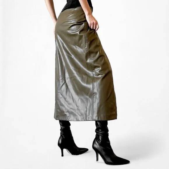 Zara Khaki Green High Waisted Faux Leather Front Slit Knee Length Skirt Size XS