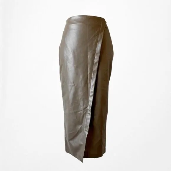 Zara Khaki Green High Waisted Faux Leather Front Slit Knee Length Skirt Size XS